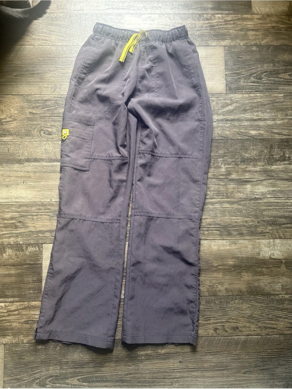 Wide-Leg Cargo Pants Scrubs in Deep Purple with Yellow Drawstring